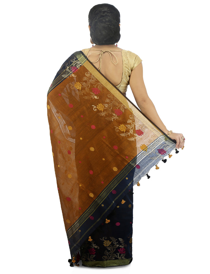 Navy blue handloom art silk and cotton bengal saree