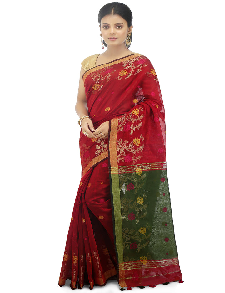 Red and green handloom art silk and cotton bengal saree