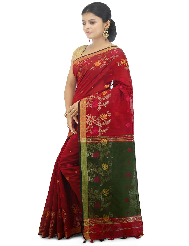 Red and green handloom art silk and cotton bengal saree