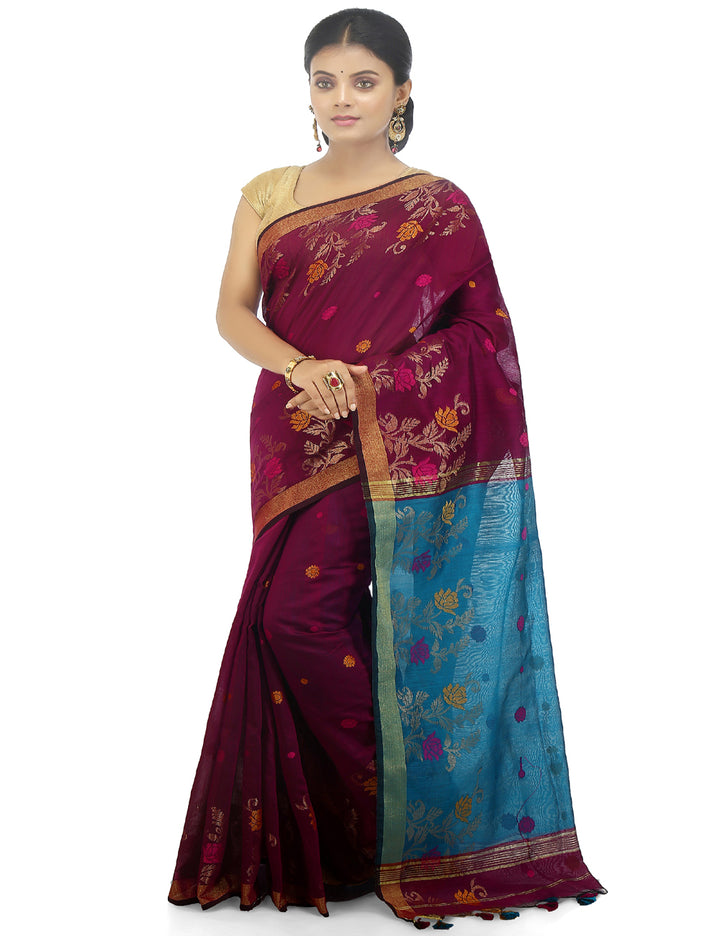 Pink and blue handloom art silk and cotton bengal saree