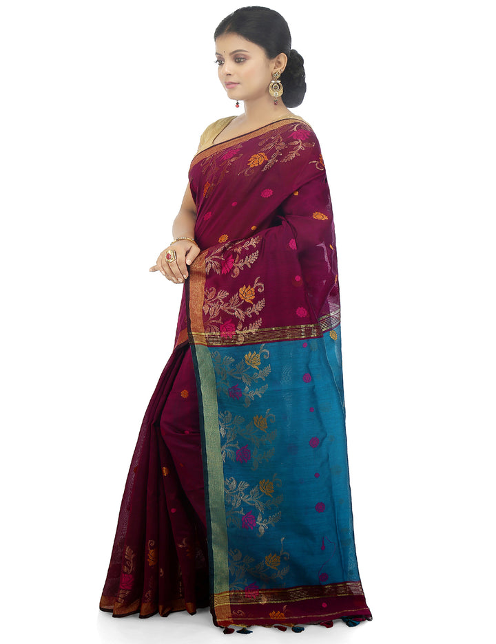 Pink and blue handloom art silk and cotton bengal saree