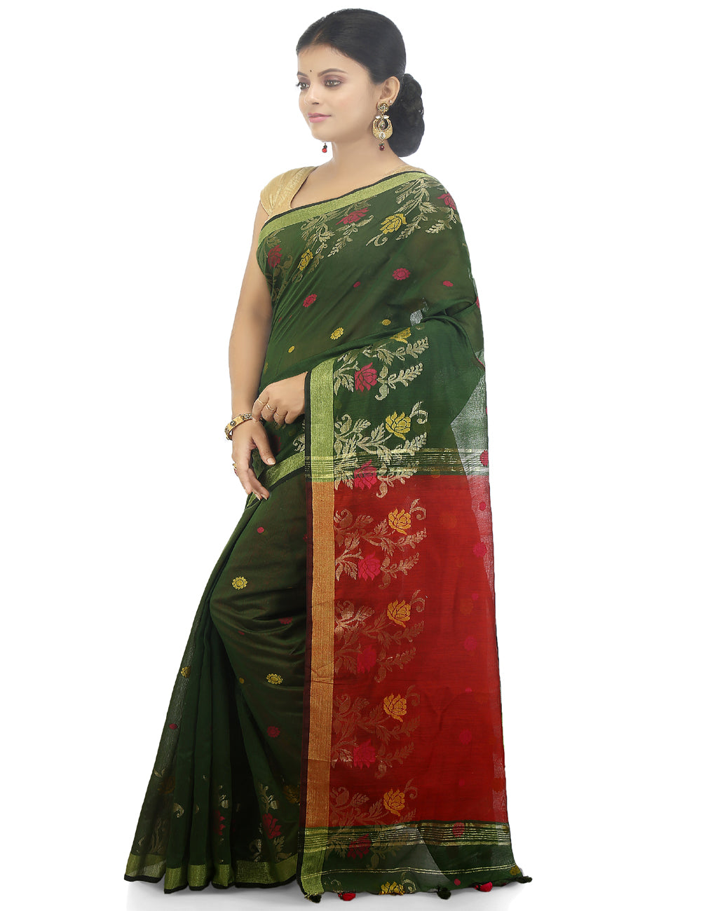 Green handloom art silk and cotton bengal saree
