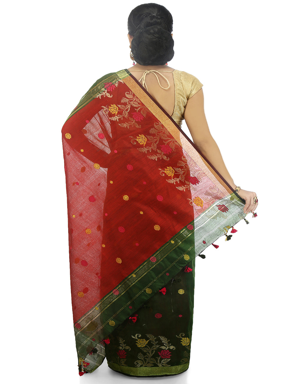 Green handloom art silk and cotton bengal saree