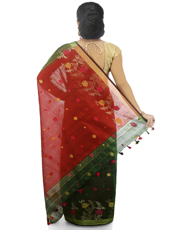 Green handloom art silk and cotton bengal saree
