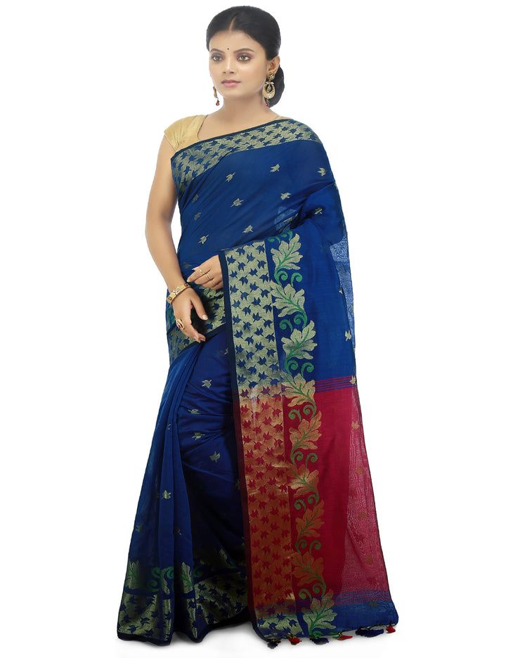 Dark blue handloom art silk and cotton bengal saree