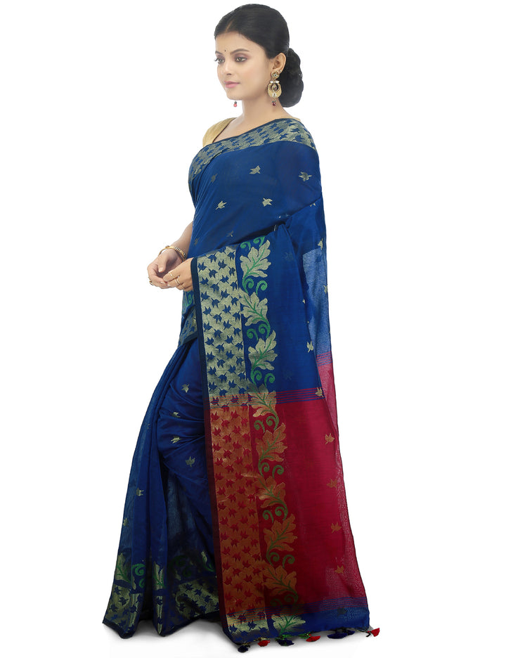 Dark blue handloom art silk and cotton bengal saree