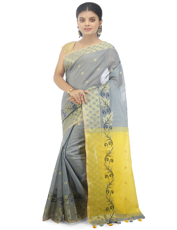 Grey and yellow handloom art silk and cotton bengal saree