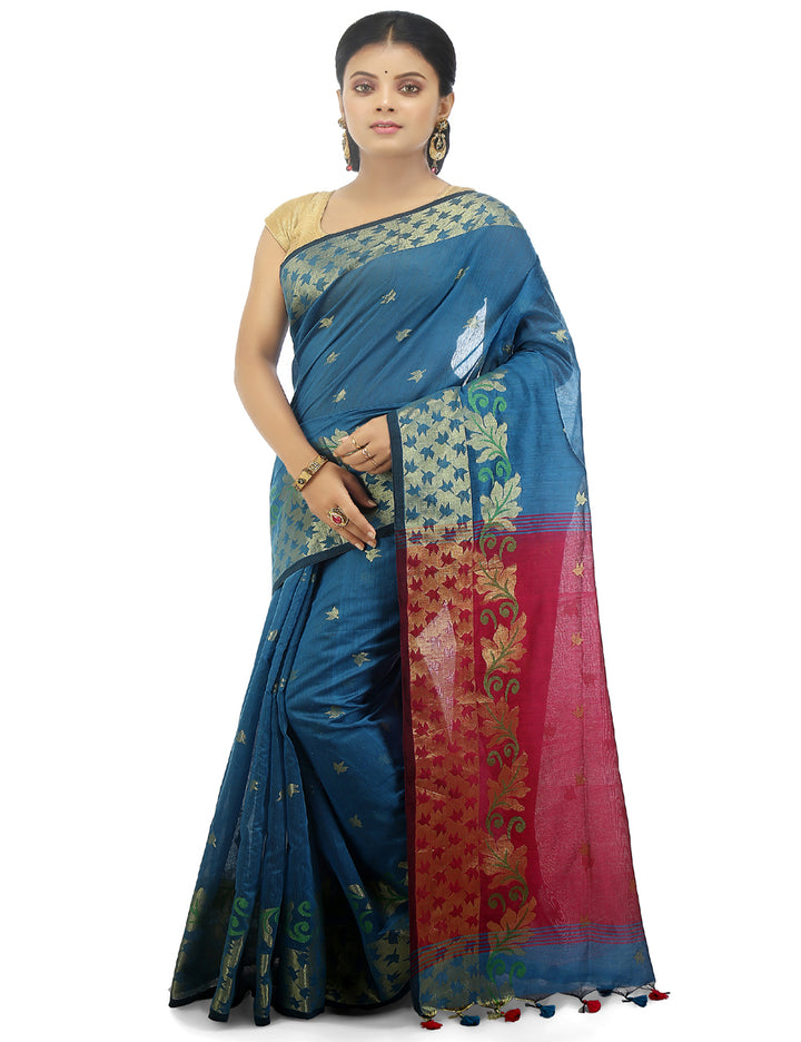 Blue handloom art silk and cotton bengal saree