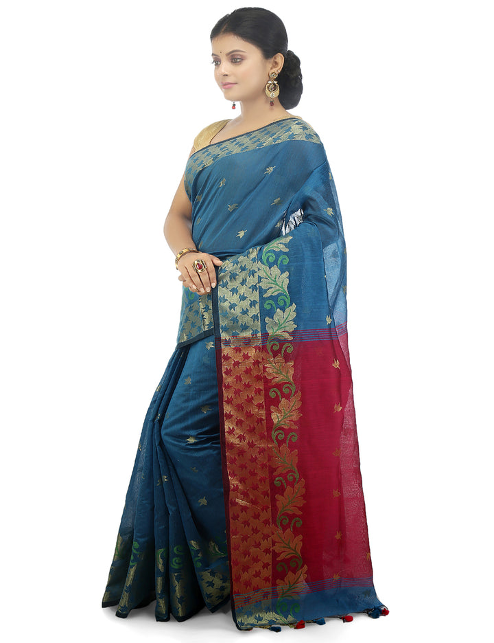 Blue handloom art silk and cotton bengal saree