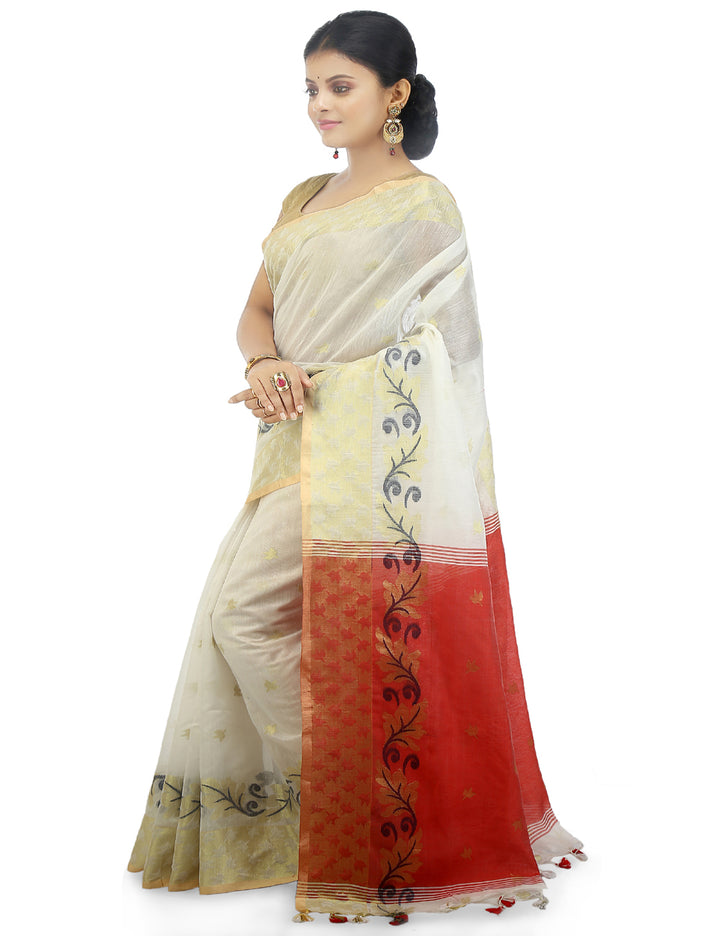 White handloom art silk and cotton bengal saree