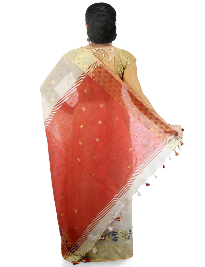 White handloom art silk and cotton bengal saree