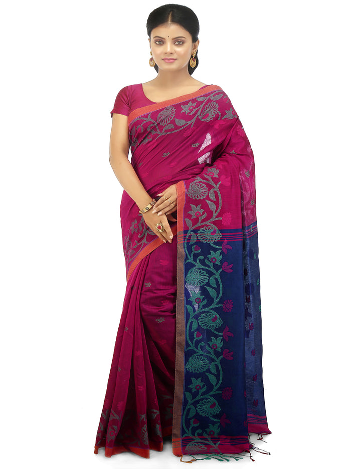 Pink and blue handloom art silk and cotton bengal saree