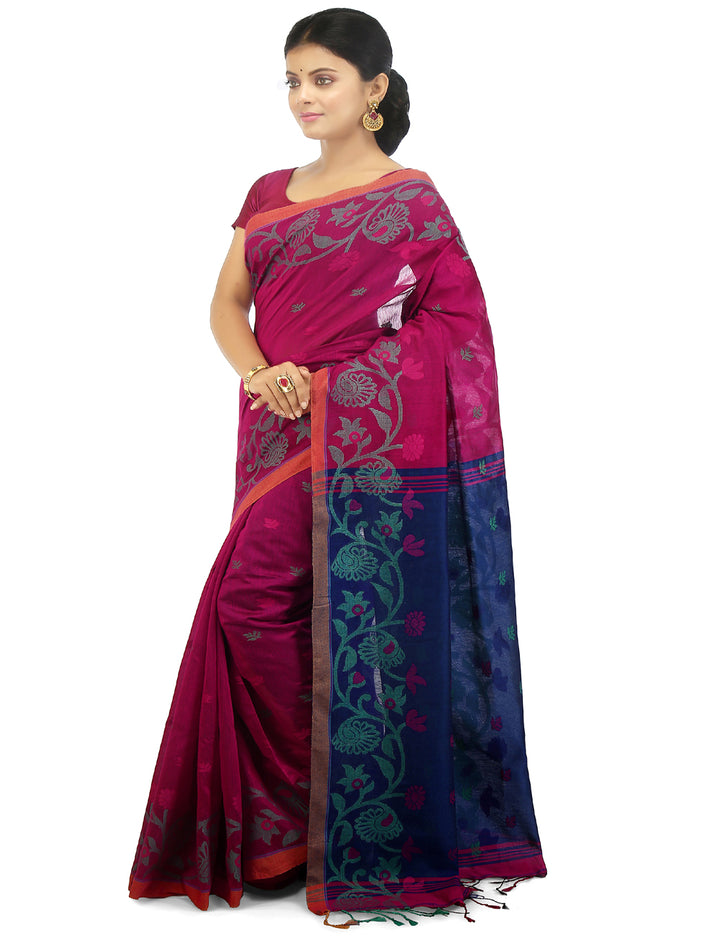 Pink and blue handloom art silk and cotton bengal saree