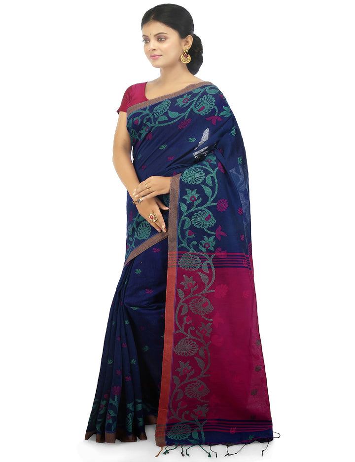 Blue and pink handloom art silk and cotton bengal saree