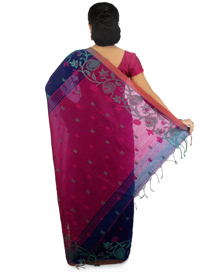 Blue and pink handloom art silk and cotton bengal saree