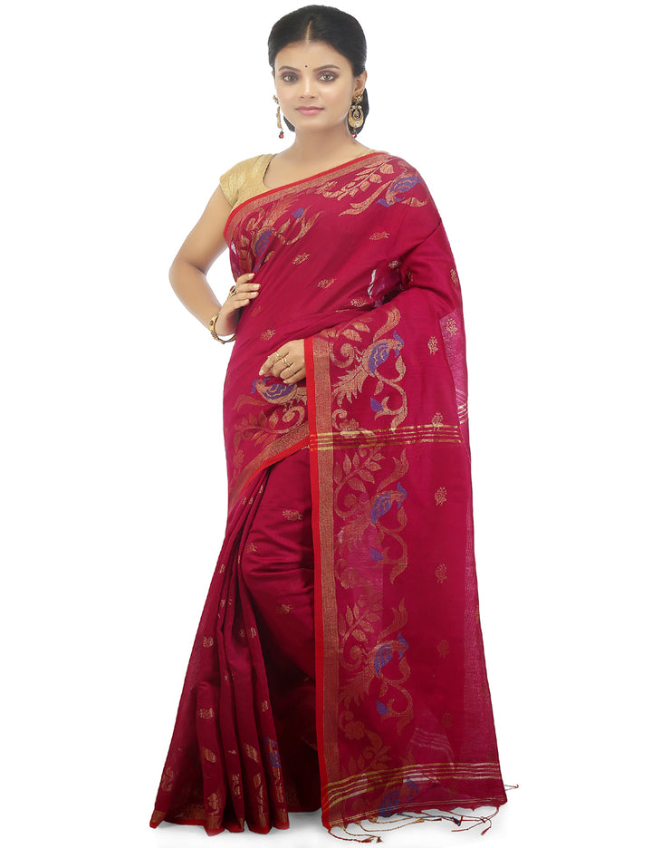 Pinkish red handloom art silk and cotton bengal saree