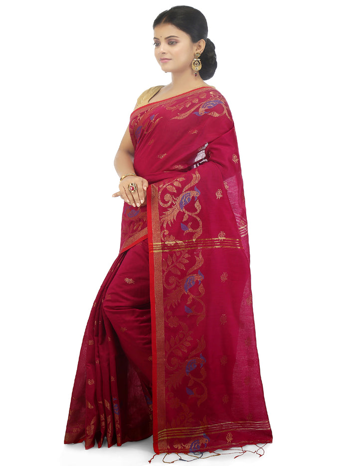 Pinkish red handloom art silk and cotton bengal saree