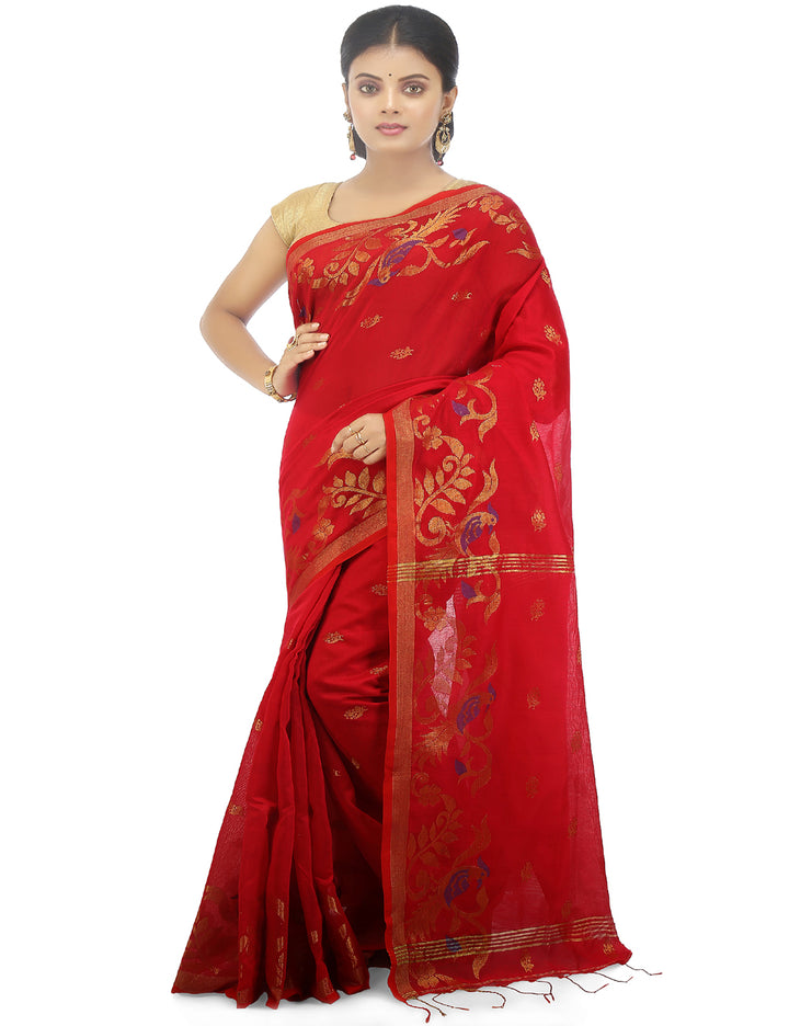 Red handloom art silk and cotton bengal saree