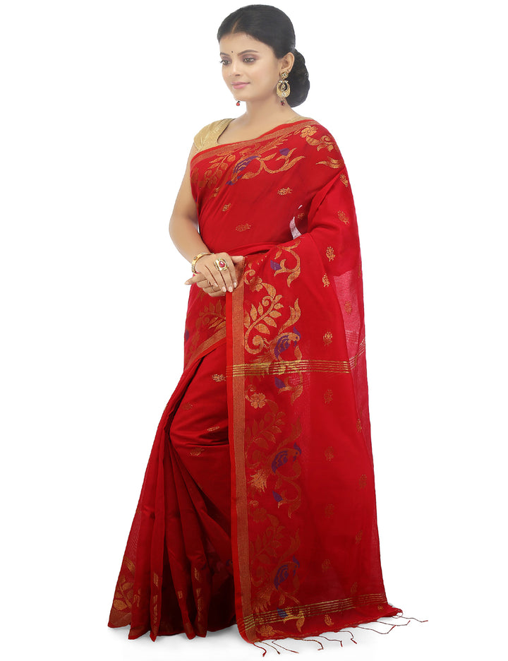 Red handloom art silk and cotton bengal saree