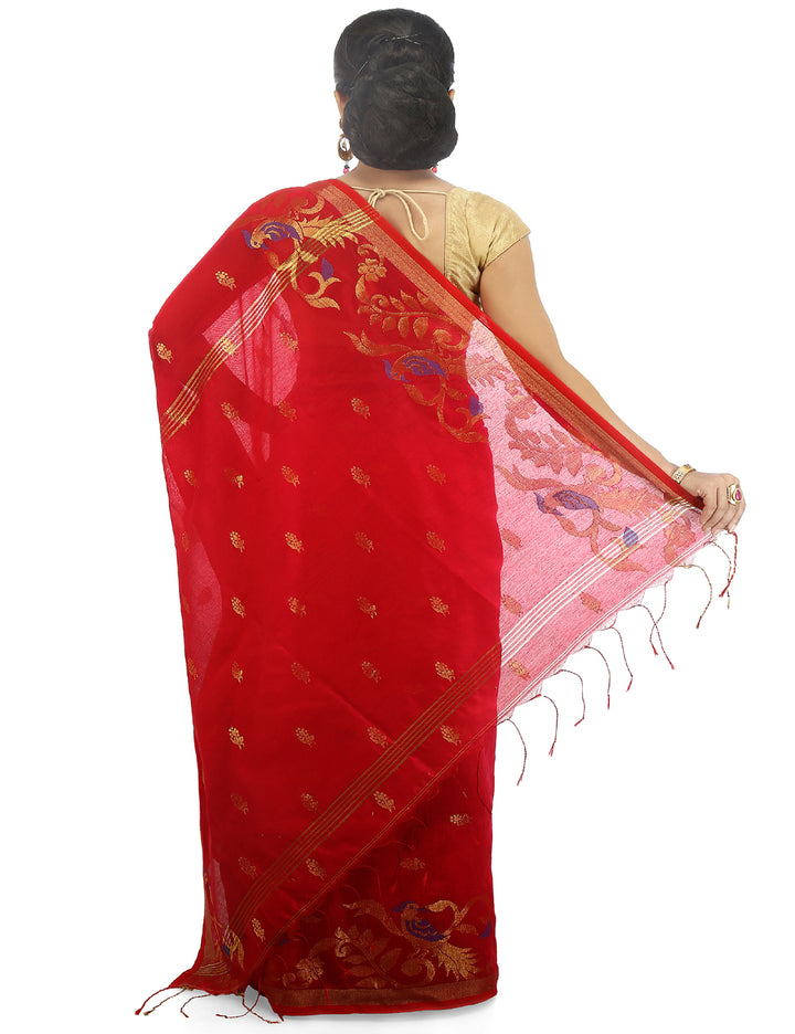 Red handloom art silk and cotton bengal saree