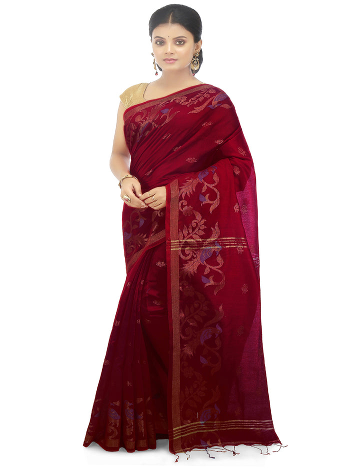 Dark pinkish maroon handloom art silk and cotton bengal saree