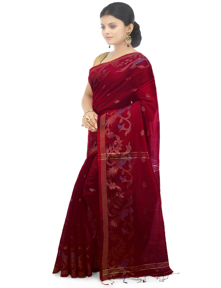 Dark pinkish maroon handloom art silk and cotton bengal saree