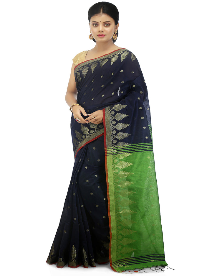 Navy blue and green handloom art silk and cotton bengal saree