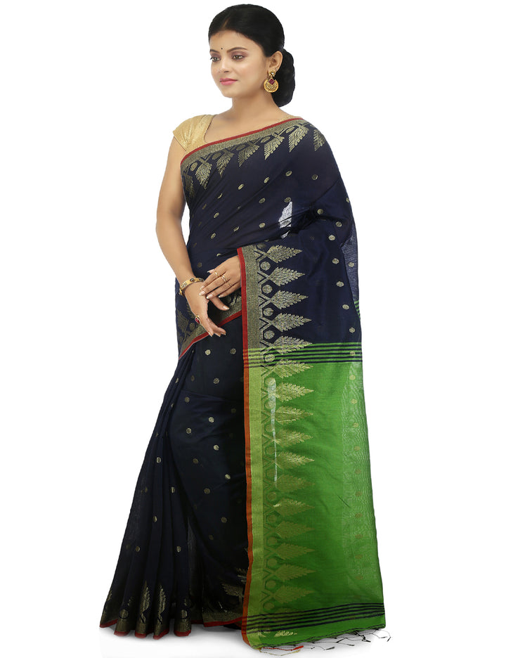 Navy blue and green handloom art silk and cotton bengal saree