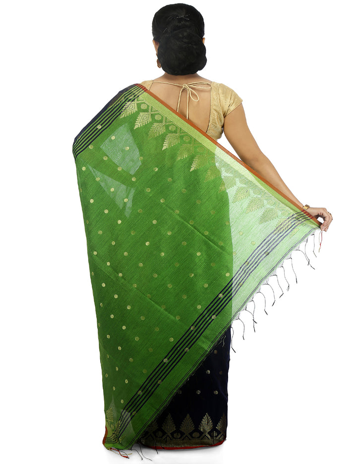 Navy blue and green handloom art silk and cotton bengal saree