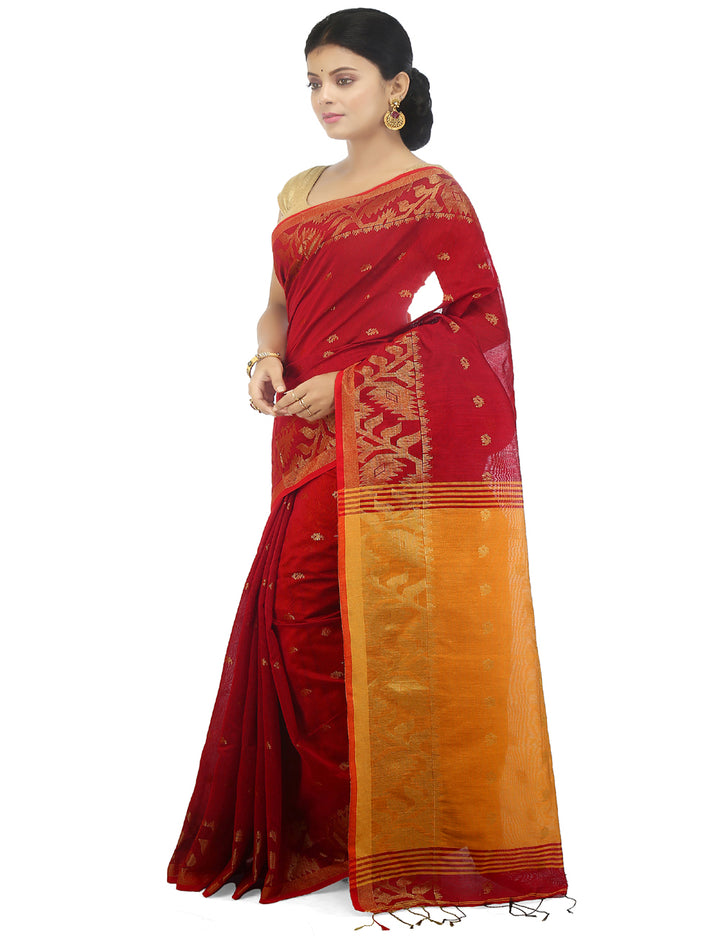 Red and yellow handloom art silk and cotton bengal saree