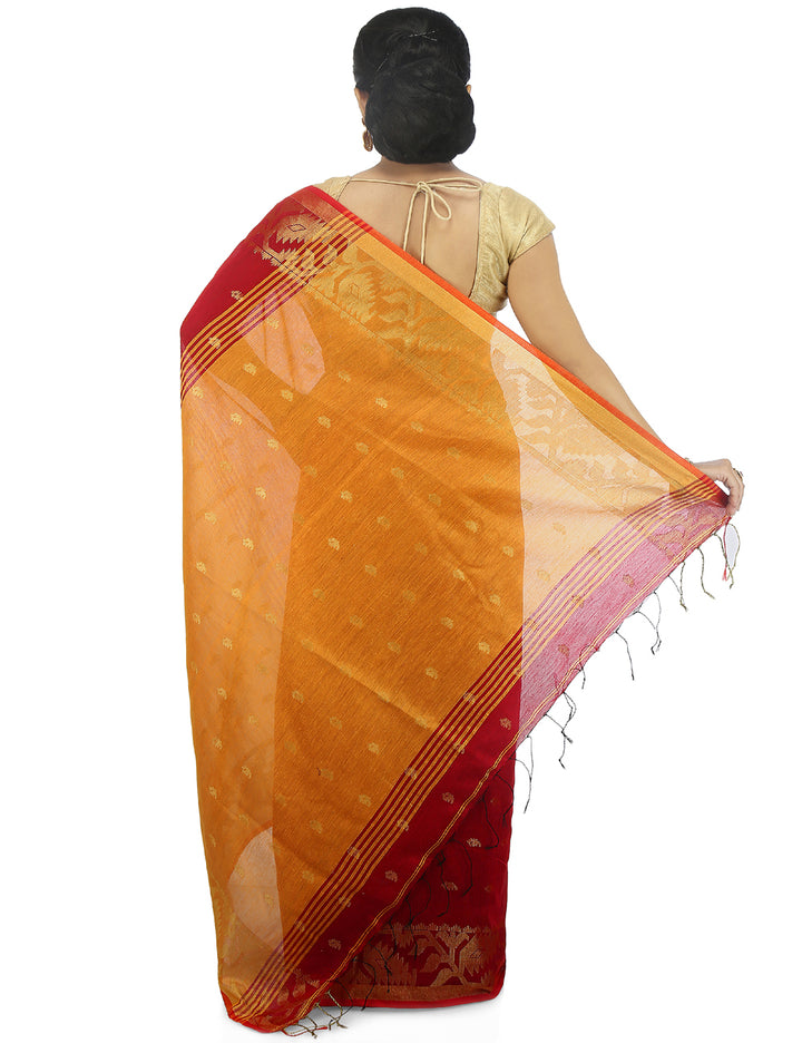 Red and yellow handloom art silk and cotton bengal saree