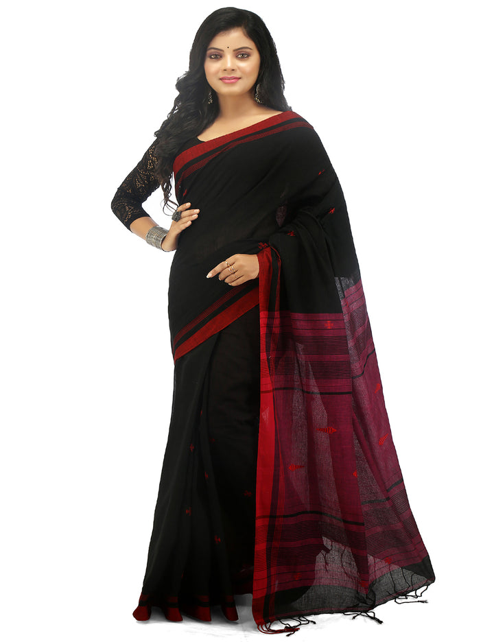 Black handwoven cotton bengal saree