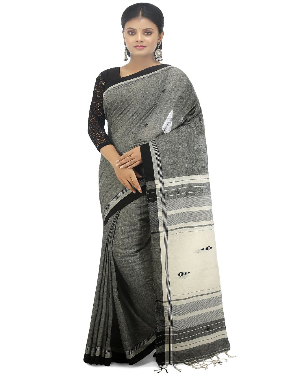 Grey and white handwoven cotton bengal saree