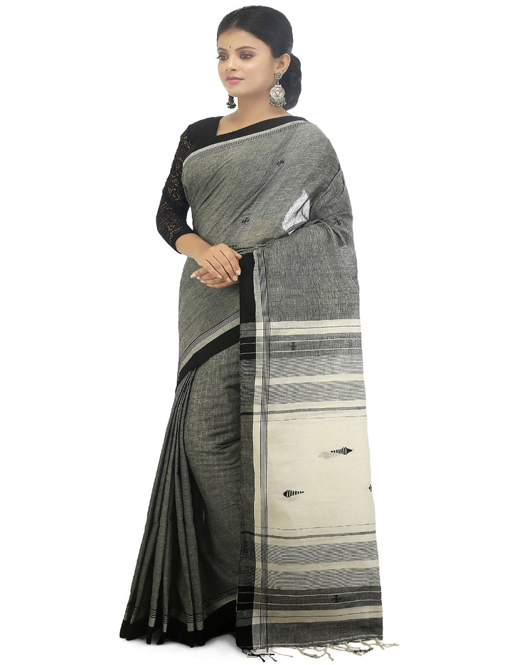 Grey and white handwoven cotton bengal saree