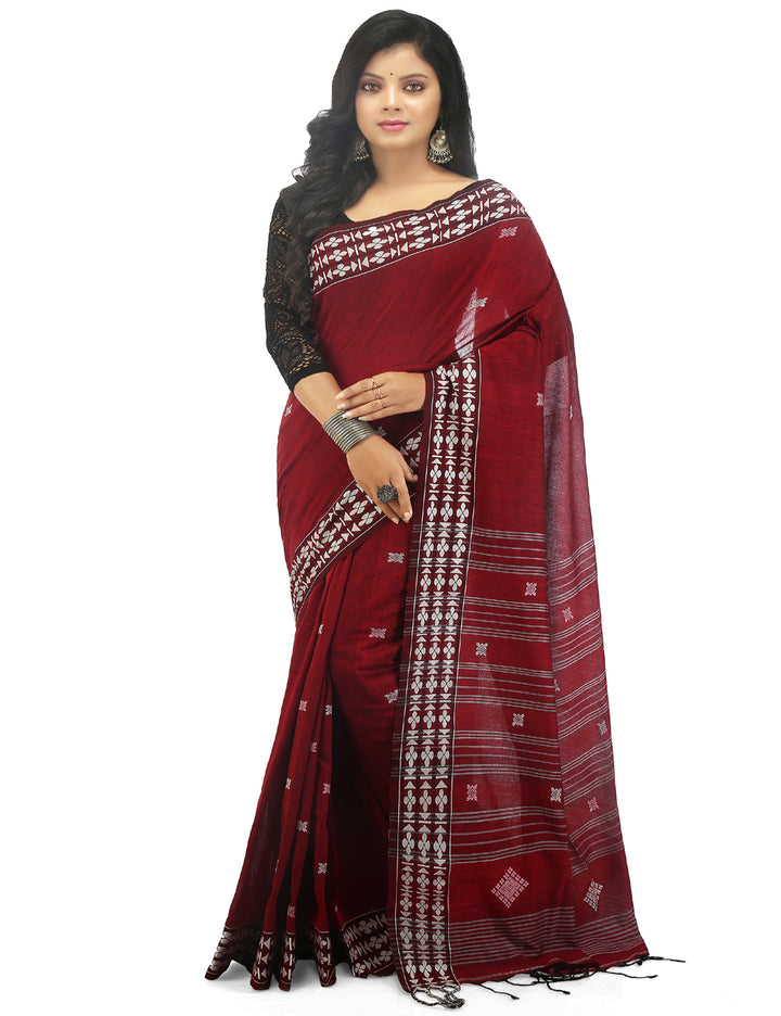 Red maroon handwoven cotton bengal saree