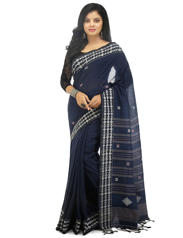 Dark blue handwoven cotton bengal saree