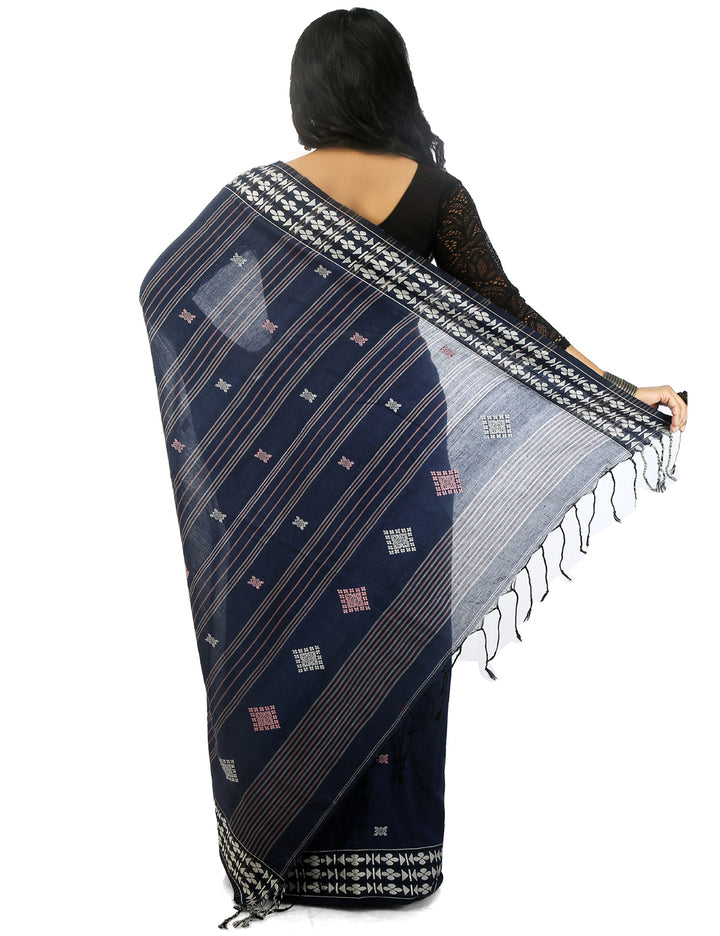 Dark blue handwoven cotton bengal saree