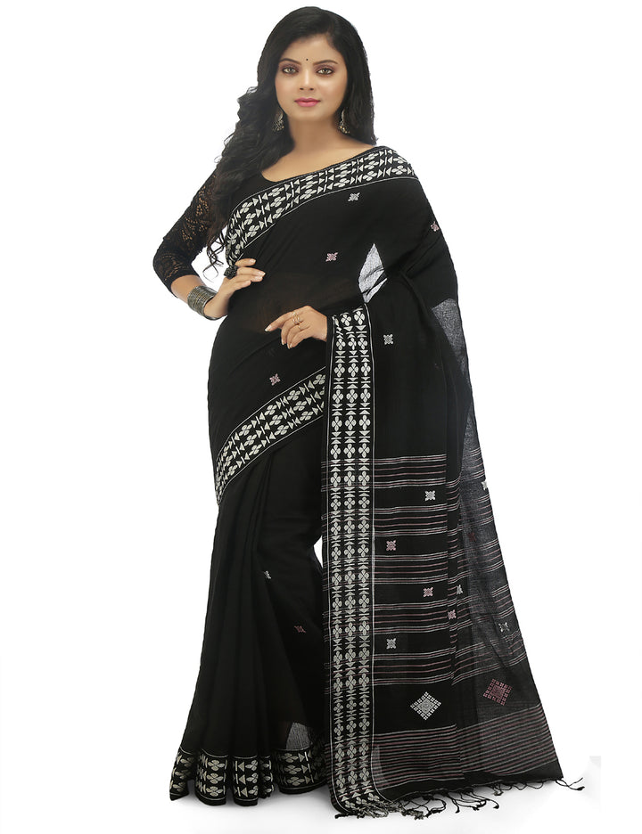 Black handwoven cotton bengal saree