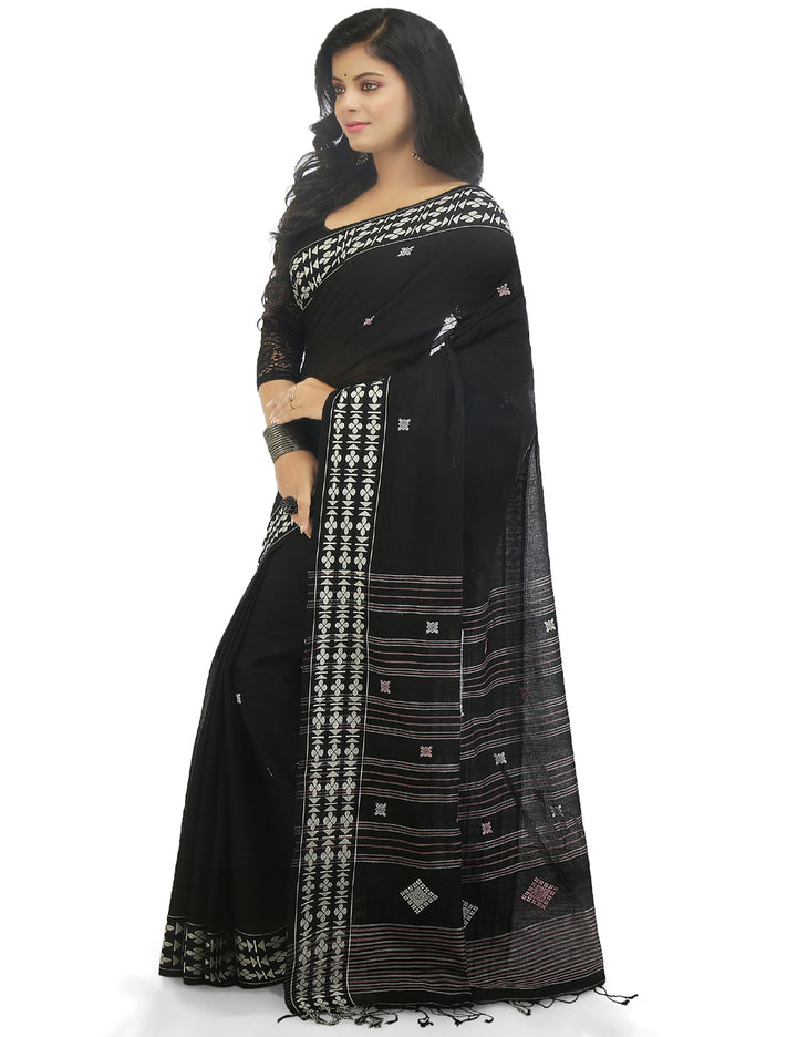 Black handwoven cotton bengal saree