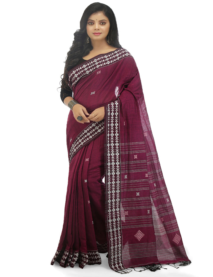 Dark magenta pink handwoven cotton bengal saree