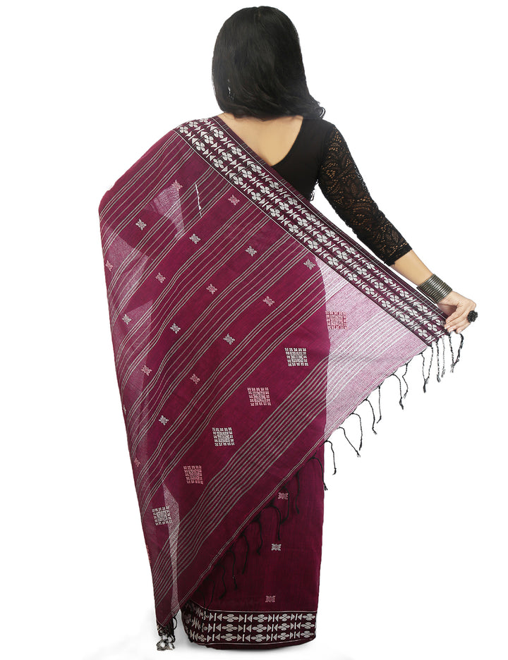 Dark magenta pink handwoven cotton bengal saree