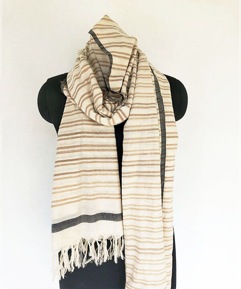 White beige handwoven stripe extra weft cotton silk dupatta