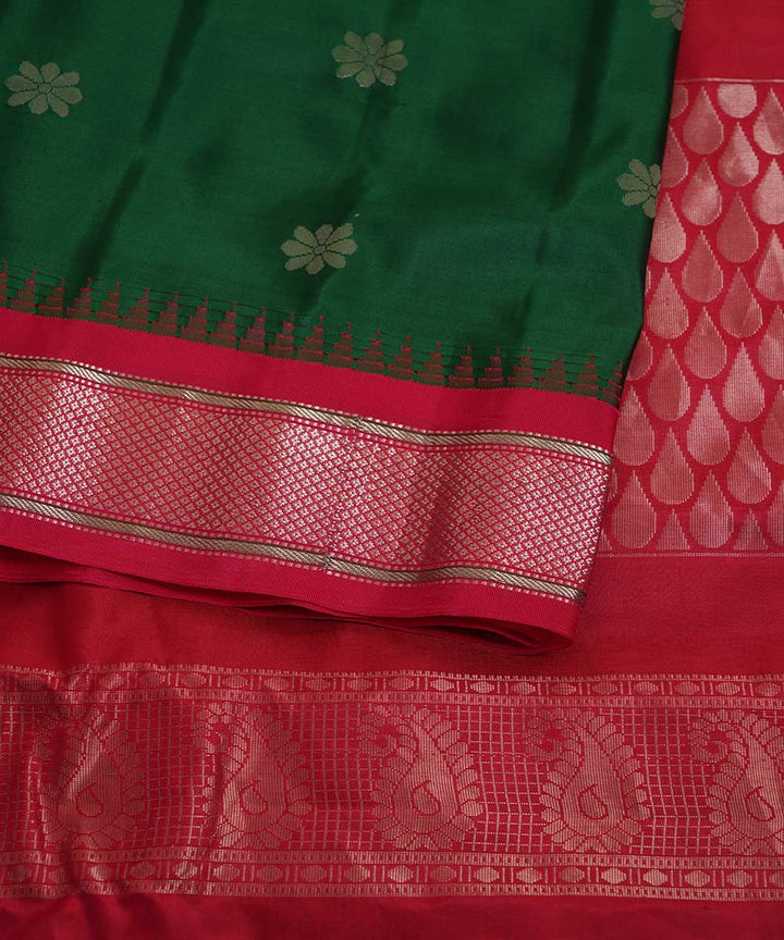 Dark green red handwoven gadwal silk saree