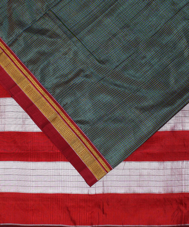 Grey red handwoven cotton art silk chikki paras border ilkal sari