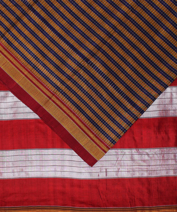 Brown blue handwoven cotton art silk chikki paras border ilkal sari