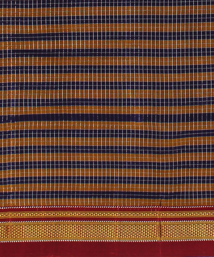 Brown blue handwoven cotton art silk chikki paras border ilkal sari