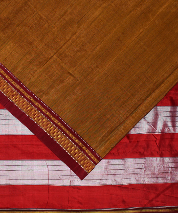 Brown red handwoven cotton art silk chikki paras border ilkal sari