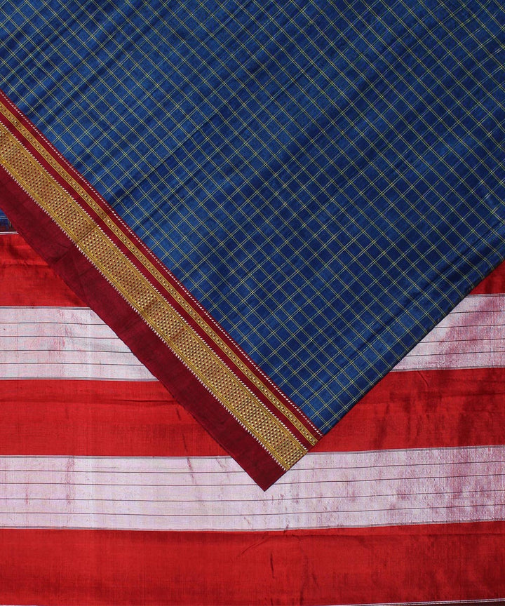 Blue red handwoven cotton art silk chikki paras border ilkal sari