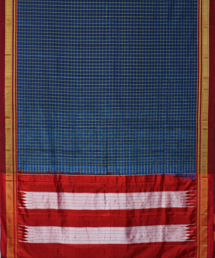Blue red handwoven cotton art silk chikki paras border ilkal sari