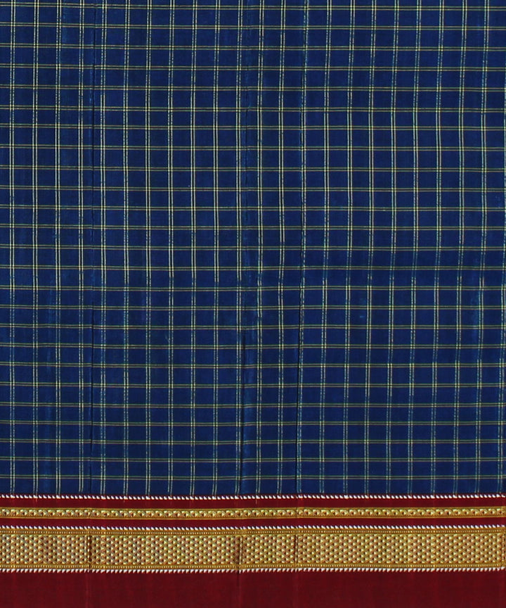 Blue red handwoven cotton art silk chikki paras border ilkal sari